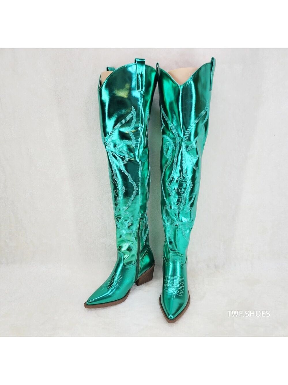 NIB Country Disco Cowboy Metallic Green Western Cowgirl OTK Thigh Boots - Picture 4 of 16